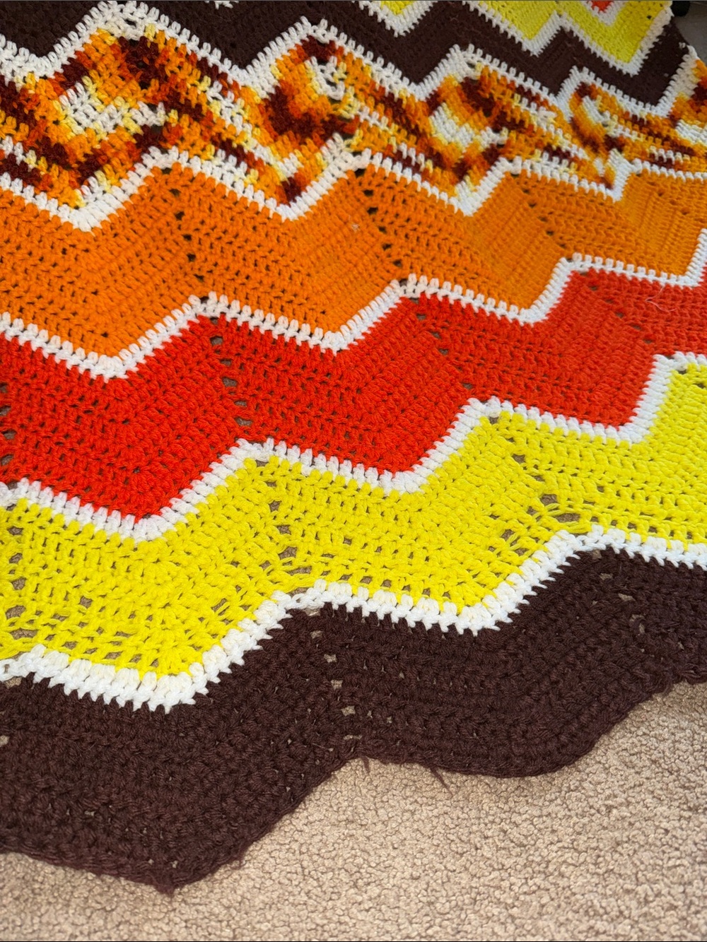 Hand Crafted Orange, Yellow, Brown Chevron Crochet Throw Blanket - Picture 2 of 6